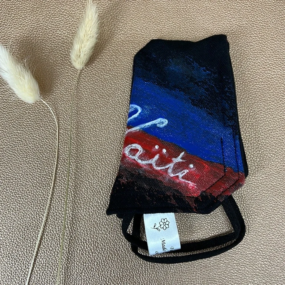 HAITI black jersey fabric custom painted 3 layer reversible face mask